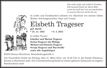 Traueranzeige von Elsbeth Trageser von Offenbach