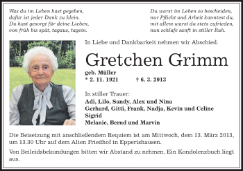 Traueranzeige von Gretchen Grimm von Offenbach