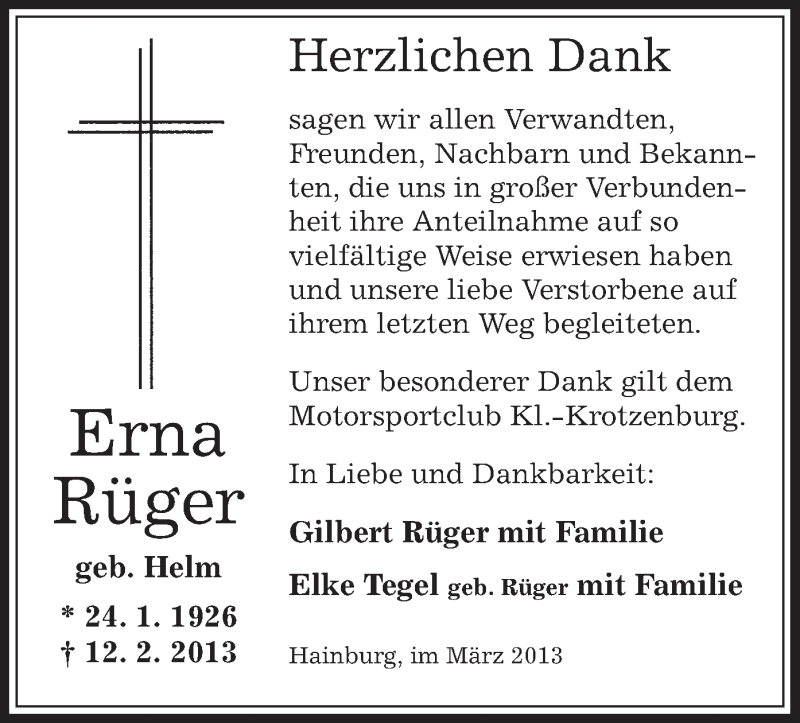  Traueranzeige für Erna Rüger vom 13.03.2013 aus Offenbach