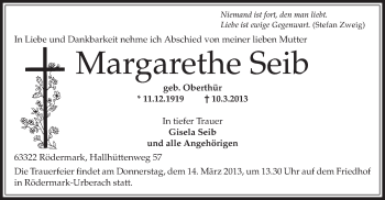 Traueranzeige von Margarethe Seib von Offenbach