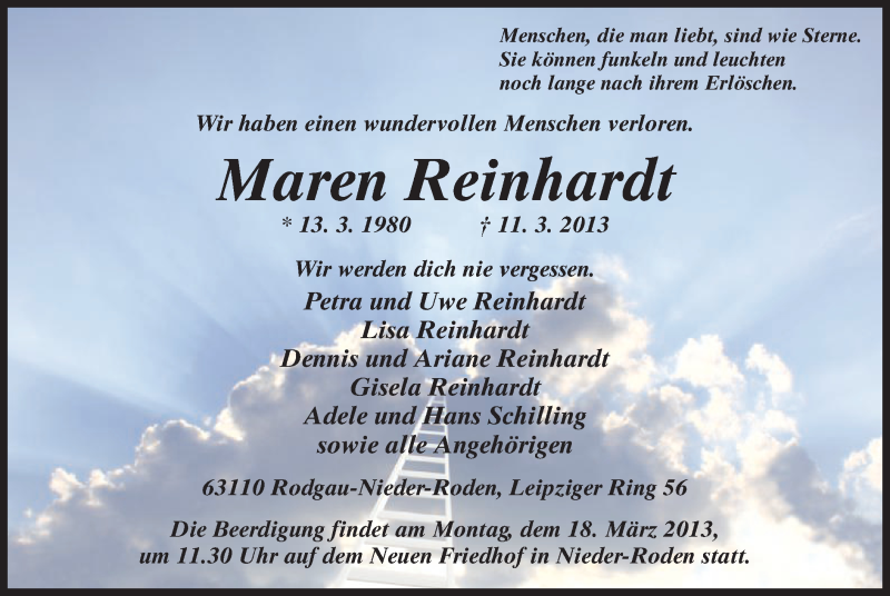  Traueranzeige für Maren Reinhardt vom 14.03.2013 aus Offenbach