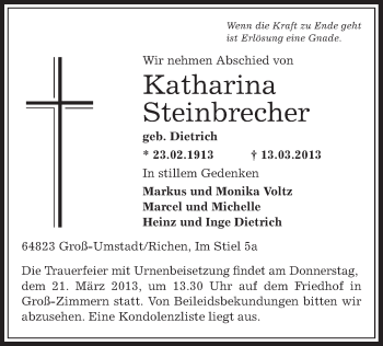 Traueranzeige von Katharina Steinbrecher von Offenbach