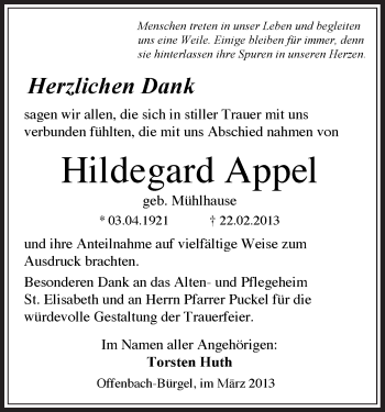 Traueranzeige von Hildegard Appel von Offenbach