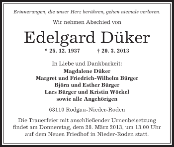 Traueranzeige von Edelgard Düker von Offenbach