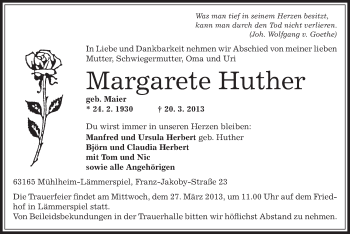 Traueranzeige von Margarete Huther von Offenbach