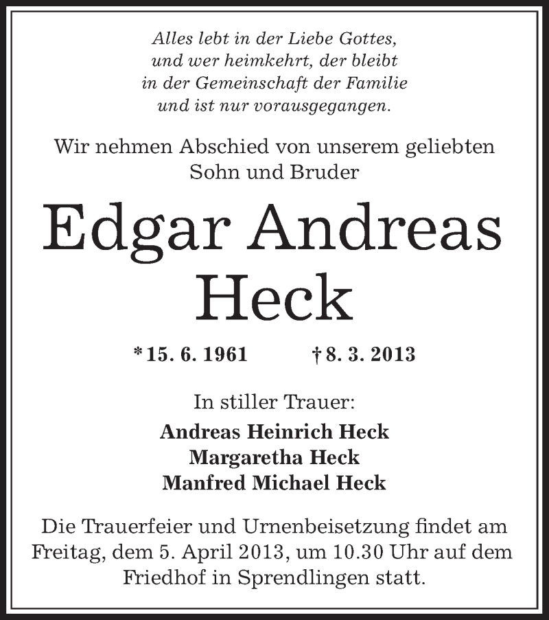  Traueranzeige für Edgar Andreas Heck vom 28.03.2013 aus Offenbach