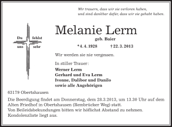 Traueranzeige von Melanie Lerm von Offenbach