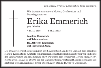 Traueranzeige von Erika Emmerich von Offenbach