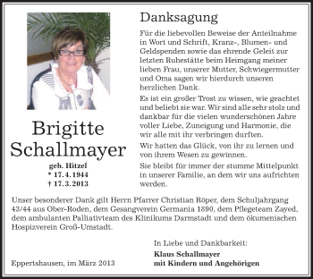 Traueranzeige von Brigitte Schallmayer von Offenbach