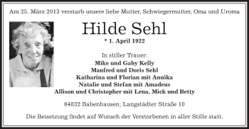 Traueranzeige von Hilde Sehl von Offenbach