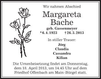 Traueranzeige von Margareta Bache von Offenbach