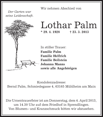 Traueranzeige von Lothar Palm von Offenbach