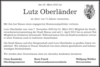 Traueranzeige von Lutz Oberländer von Offenbach