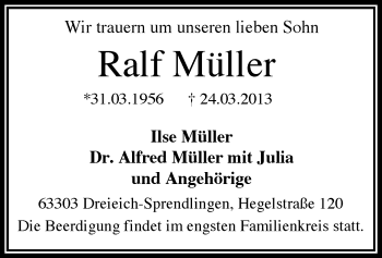 Traueranzeige von Ralf Müller von Offenbach