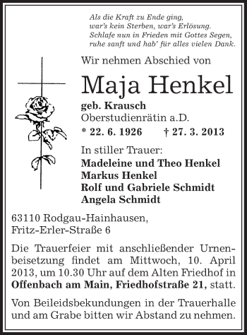 Traueranzeige von Maja Henkel von Offenbach