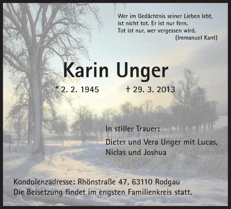  Traueranzeige für Karin Unger vom 06.04.2013 aus Offenbach