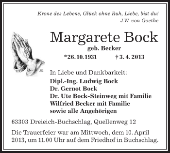 Traueranzeige von Margarete Bock von Offenbach