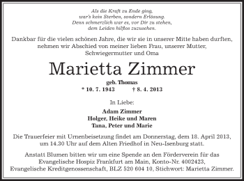 Traueranzeige von Marietta Zimmer von Offenbach