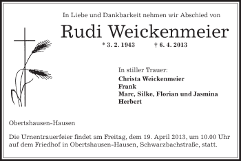 Traueranzeige von Rudi Weickenmeier von Offenbach