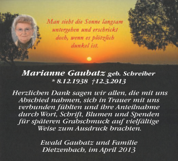 Traueranzeige von Marianne Gaubatz von Offenbach