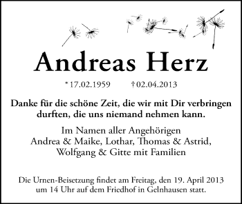 Traueranzeige von Andreas Herz von Offenbach