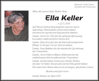 Traueranzeige von Ella Keller von Offenbach