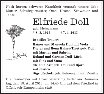 Traueranzeige von Elfriede Doll von Offenbach