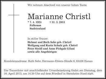 Traueranzeige von Marianne Christl von Offenbach