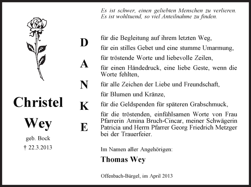 Traueranzeige für Christel Wey vom 13.04.2013 aus Offenbach