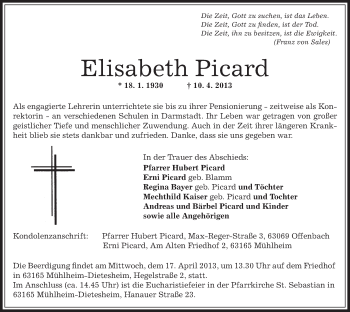 Traueranzeige von Elisabeth Picard von Offenbach