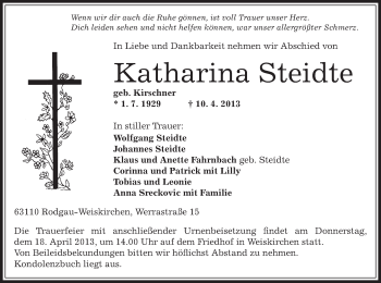 Traueranzeige von Katharina Steidte von Offenbach