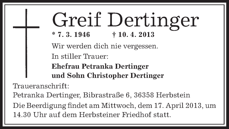  Traueranzeige für Greif Dertinger vom 16.04.2013 aus Offenbach