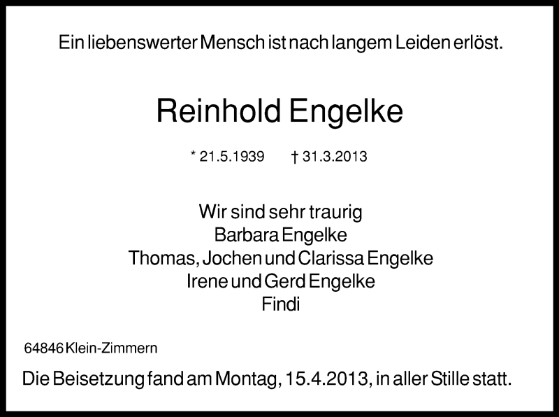  Traueranzeige für Reinhold Engelke vom 17.04.2013 aus Offenbach