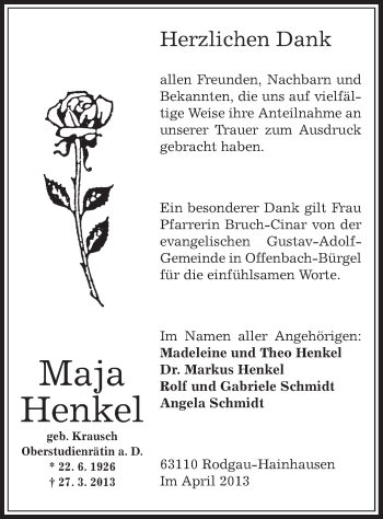 Traueranzeige von Maja Henkel von Offenbach