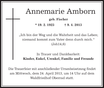 Traueranzeige von Annemarie Amborn von Offenbach