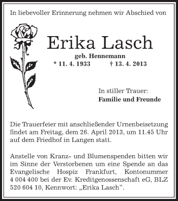 Traueranzeige von Erika Lasch von Offenbach