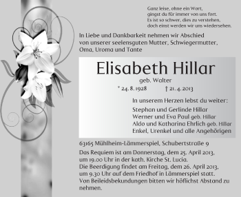 Traueranzeige von Elisabeth Hillar von Offenbach