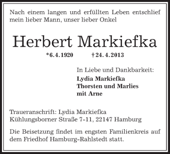 Traueranzeige von Herbert Markiefka von Offenbach