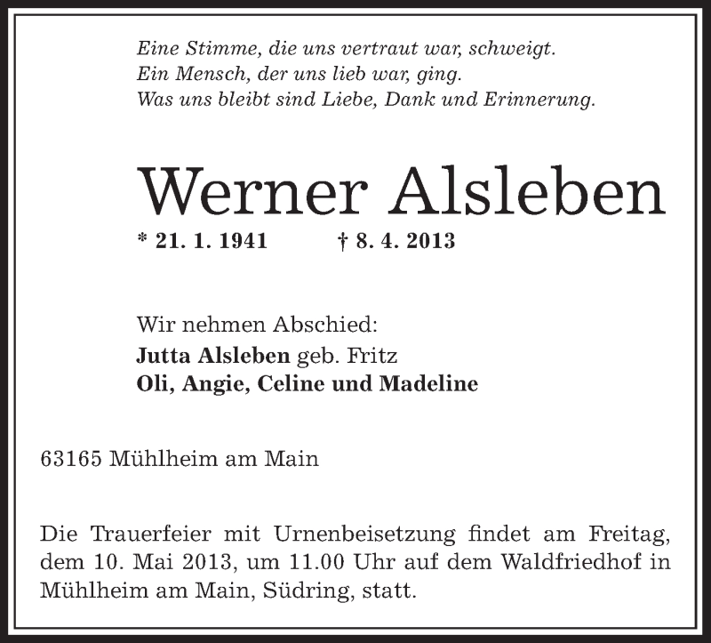  Traueranzeige für Werner Alsleben vom 02.05.2013 aus Offenbach