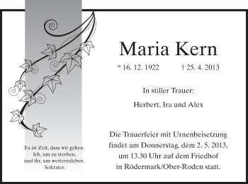 Traueranzeige von Maria Kern von Offenbach