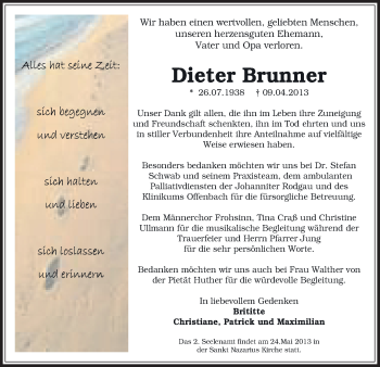 Traueranzeige von Dieter Brunner von Offenbach