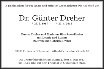 Traueranzeige von Günter. Dreher von Offenbach