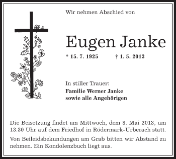 Traueranzeige von Eugen Janke von Offenbach