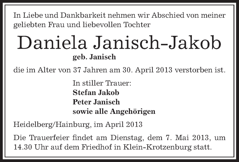  Traueranzeige für Daniela Janisch-Jakob vom 04.05.2013 aus Offenbach