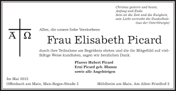 Traueranzeige von Elisabeth Picard von Offenbach