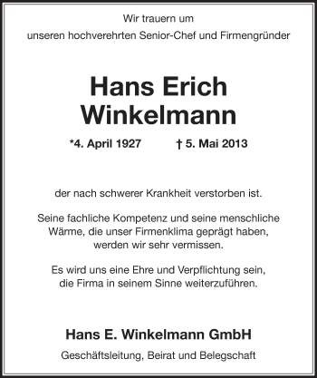 Traueranzeige von Hans Erich Winkelmann von Offenbach