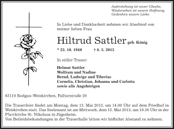 Traueranzeige von Hiltrud Sattler von Offenbach