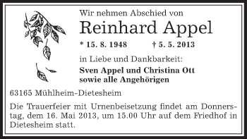 Traueranzeige von Reinhard Appel von Offenbach