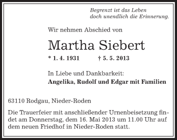 Traueranzeige von Martha Siebert von Offenbach