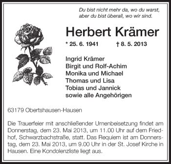 Traueranzeige von Herbert Krämer von Offenbach